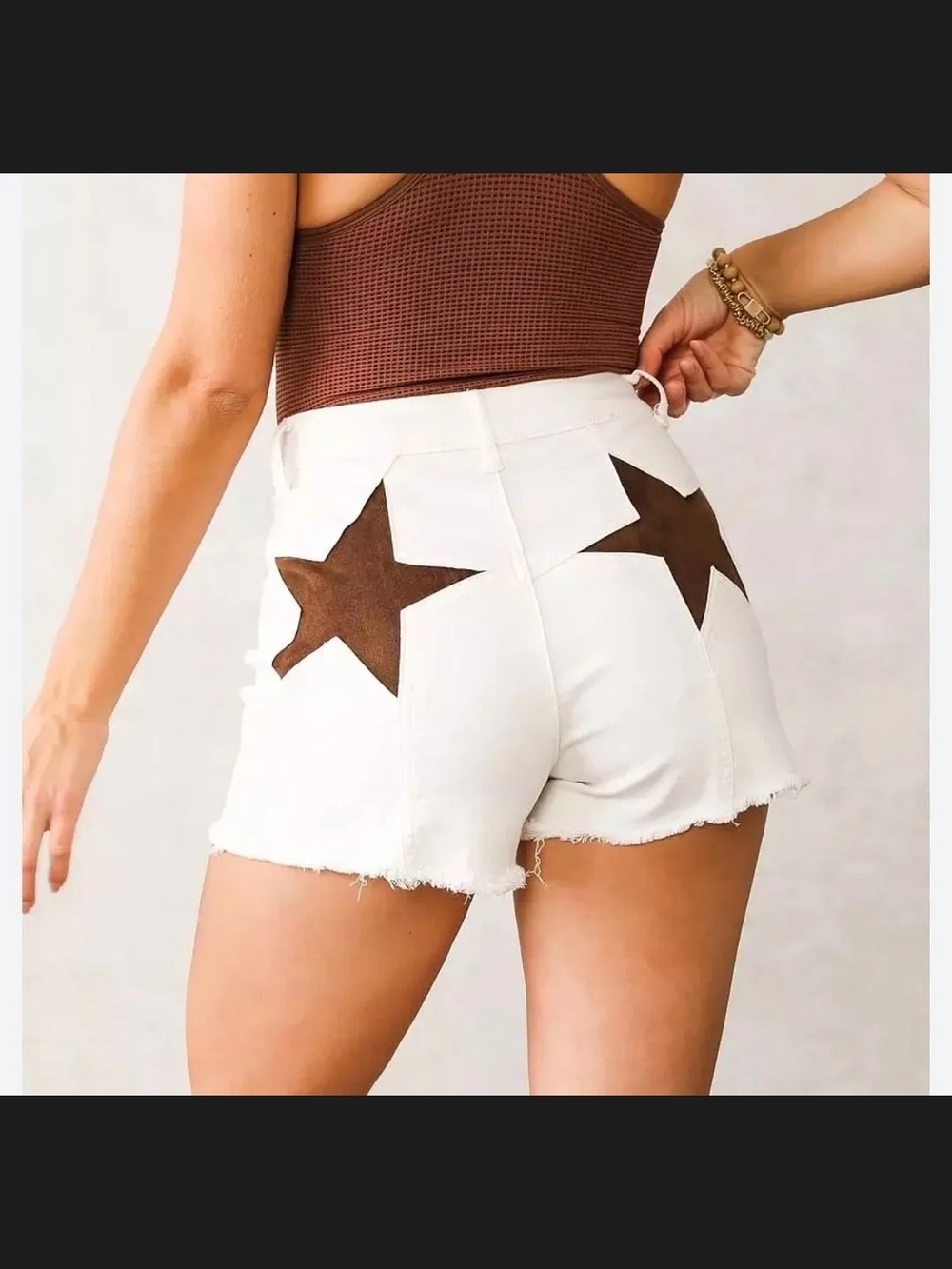 High-Rise White Jean Shorts with Brown Star Patches